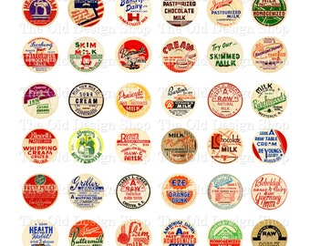 Printable Vintage Milk Bottle Caps 1 Inch Circles for Jewelry Junk Journals Cardmaking Supply Inch Round Neutral Ephemera Digital Download