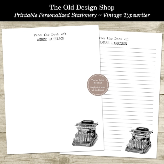 Personalized Printable Stationery Vintage Typewriter Lined and Unlined Letter Writing Paper Digital Stationary