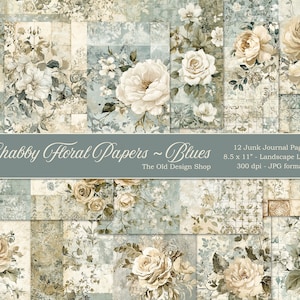 Carta floreale shabby blues stampabile Junk Journal Signatures, confezione di carta floreale per Junk Journals, forniture per la creazione di biglietti, download digitale JPG