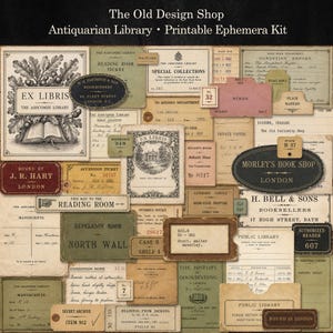 May include: A collection of vintage-style paper ephemera featuring library-themed documents, including bookplates, reading room tickets, condition reports, and book shop labels in muted tones of beige, olive green, brown, and dusty pink with text.