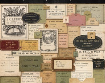 Vintage Library Printable Kit, Junk Journal Ephemera, Digital Download
