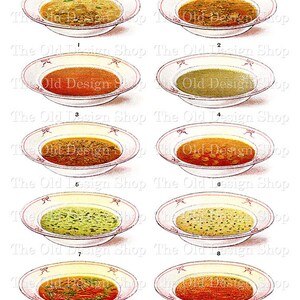 Gráficos imprimíveis do alimento Imagem de Stock Bacias de arte da cozinha do vintage de sopa Uso comercial Aprovado Digital Download Old Cookbook Page Formato JPG