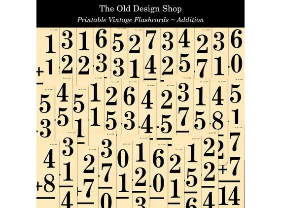 Vintage Style Addition Flashcards Printable Number Flash Card Digital Collages Sheets JPG Format
