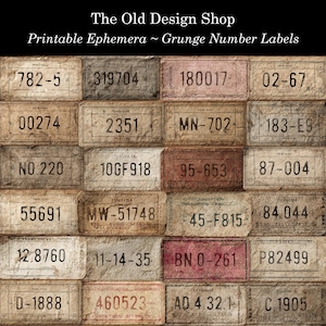 Pode incluir: Uma colagem de etiquetas numéricas em estilo vintage com uma estética grunge. As etiquetas, em vários tamanhos e cores, apresentam números e texto, com uma aparência desgastada e envelhecida. O texto "The Old Design Shop" e "Printable Ephemera ~ Grunge Number Labels" está no topo.