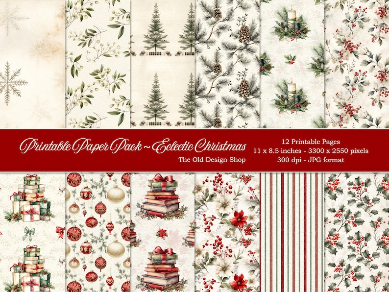 Junk Journal Christmas Printable Paper Junk Journal Supply Cardmaking Supplies Scrapbook Backgrounds Gift Wrapping Paper Digital Download image 1