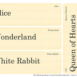 May include: Vintage-style printable flashcards with text from "Alice in Wonderland." The cards have a cream background and black text. The cards include the words "Alice," "Wonderland," "White Rabbit," and "Queen of Hearts."