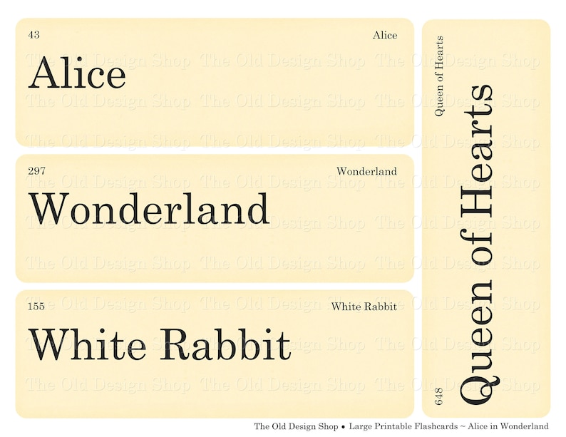 May include: Vintage-style printable flashcards with text from "Alice in Wonderland." The cards have a cream background and black text. The cards include the words "Alice," "Wonderland," "White Rabbit," and "Queen of Hearts."