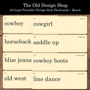 32 cartes-éclair imprimables pour ranch, éphémères de cow-boy, de cow-girl, grandes cartes-éclair vintage de style rétro, mots de ferme de ranch en téléchargement numérique au format JPG