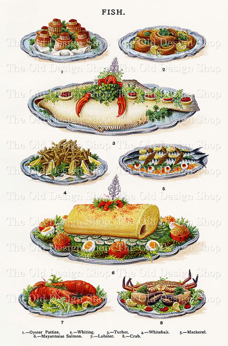 Vintage Food Clip Art Cooked Fish Dishes No. 1 Printable Art | Etsy