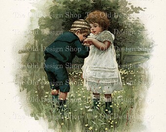 May include: A vintage illustration of a young boy and girl in a field of flowers. The boy is wearing a blue sailor suit and a striped cap. The girl is wearing a white dress with a lace collar. They are holding hands and looking at each other.