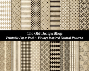 Neutral Patterned Background Paper Pack Set #1 Vintage Inspired Printable Junk Journal Signature Pages Cardmaking Supply Digital Download