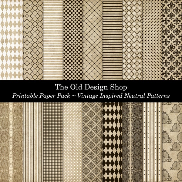 Neutral Patterned Background Paper Pack 8.5x11 Vintage Inspired Printable Journal Scrapbook Paper Cream Beige Brown Black Digital Download