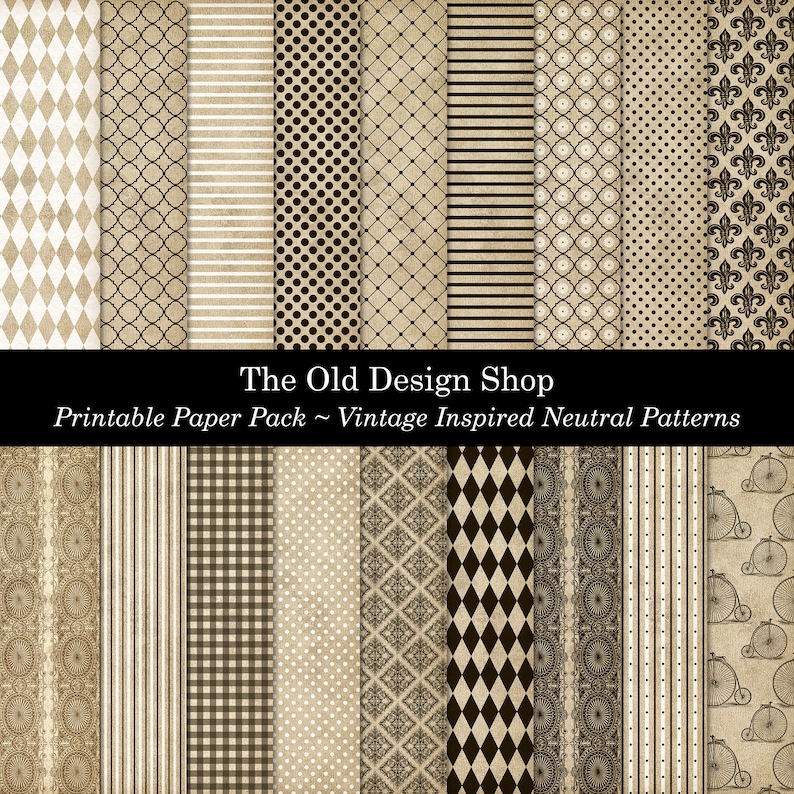May include: A printable paper pack with 16 vintage inspired neutral patterns. The patterns include polka dots, stripes, gingham, and geometric designs in black and white on a beige background.