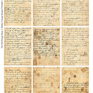 Puede incluir: Seis tarjetas de recetas vintage con instrucciones escritas a mano para pastel de queso cottage, encurtido de coliflor, ensalada de col y pimiento, salsa de tomate, pastel de levadura y pud&iacute;n de ciruelas ingl&eacute;s. Las tarjetas est&aacute;n amarillentas y tienen manchas marrones.