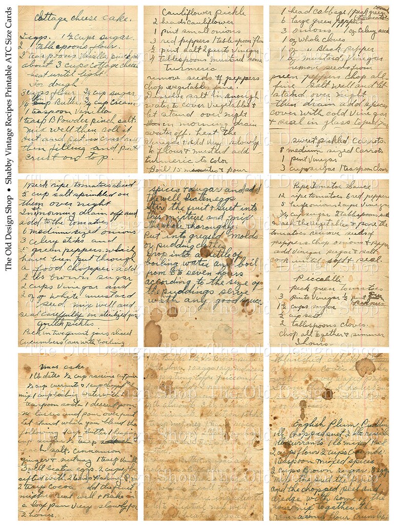Puede incluir: Seis tarjetas de recetas vintage con instrucciones escritas a mano para pastel de queso cottage, encurtido de coliflor, ensalada de col y pimiento, salsa de tomate, pastel de levadura y pud&iacute;n de ciruelas ingl&eacute;s. Las tarjetas est&aacute;n amarillentas y tienen manchas marrones.