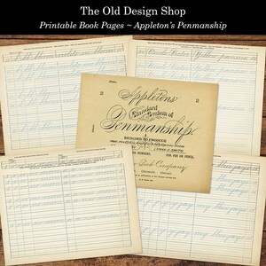 May include: Vintage printable book pages featuring cursive handwriting practice exercises from Appleton's Standard System of Penmanship. The pages are designed to produce legible handwriting for pen or pencil. The pages are printed on aged paper with blue ruled lines.