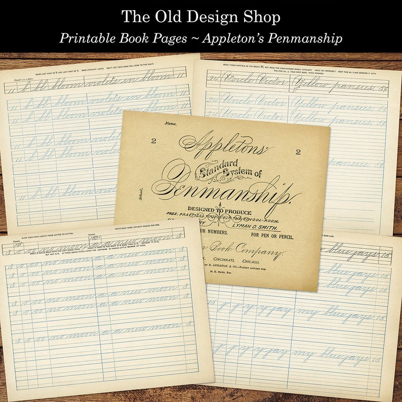 May include: Vintage printable book pages featuring cursive handwriting practice exercises from Appleton's Standard System of Penmanship. The pages are designed to produce legible handwriting for pen or pencil. The pages are printed on aged paper with blue ruled lines.