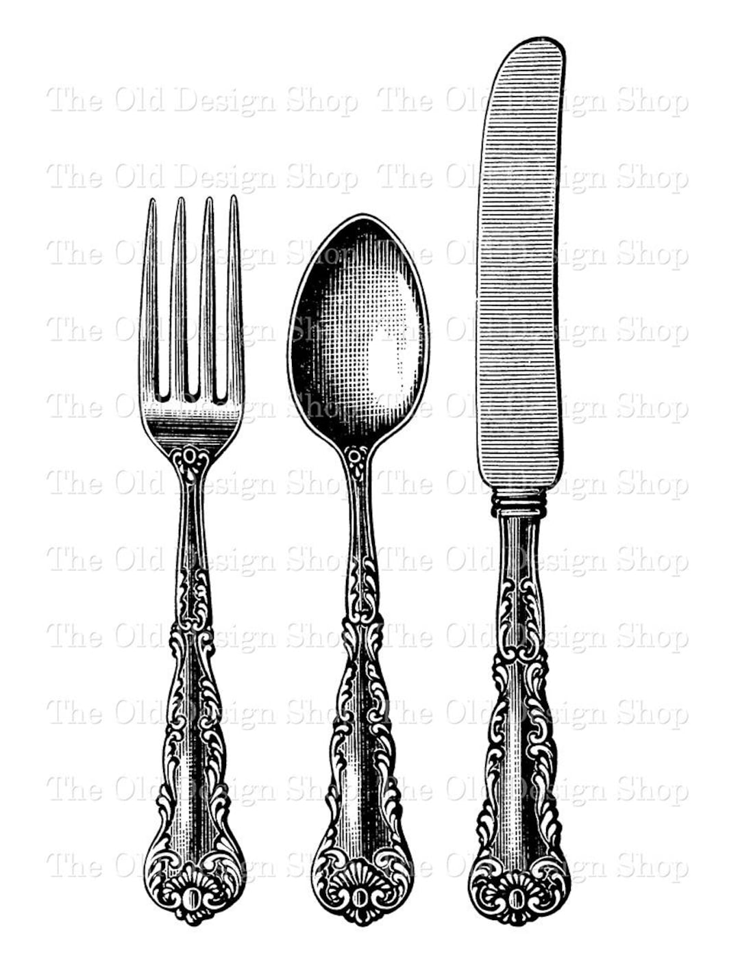 Fork Spoon Knife Vintage Clip Art Kitchen Cutlery Illustration