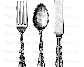 Vintage Fork Spoon Knife Clipart, Kitchen Cutlery Illustration, Digital Stamp Transfer