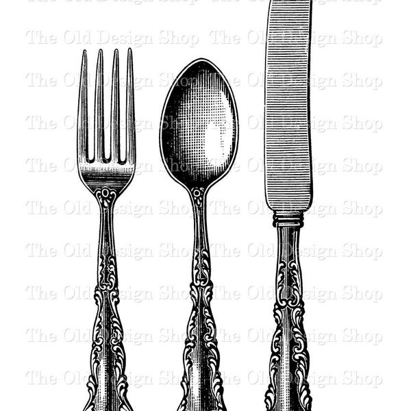 Fork Spoon Knife Vintage Clip Art Kitchen Cutlery Illustration Commercial Use Digital Stamp Transfer Image