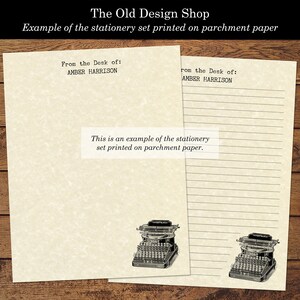 May include: Example of stationery set printed on parchment paper. The set features a typewriter graphic and the text "From the Desk of: AMBER HARRISON".