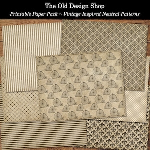 May include: A set of 10 printable digital papers featuring vintage inspired neutral patterns. The patterns include stripes, polka dots, a bicycle design, a diamond pattern, and a fleur-de-lis design. The papers are perfect for scrapbooking, card making, and other crafting projects.