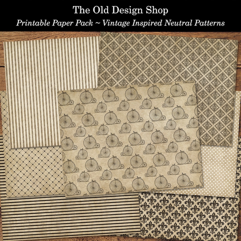 May include: A set of 10 printable digital papers featuring vintage inspired neutral patterns. The patterns include stripes, polka dots, a bicycle design, a diamond pattern, and a fleur-de-lis design. The papers are perfect for scrapbooking, card making, and other crafting projects.