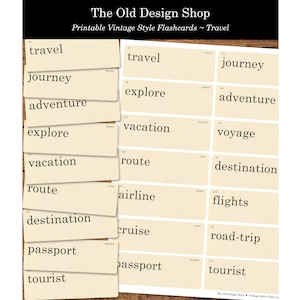 Thème de voyage Flashcards Printable Vacation Words vintage Retro Style Flash Card Digital Collage Sheet Format JPG