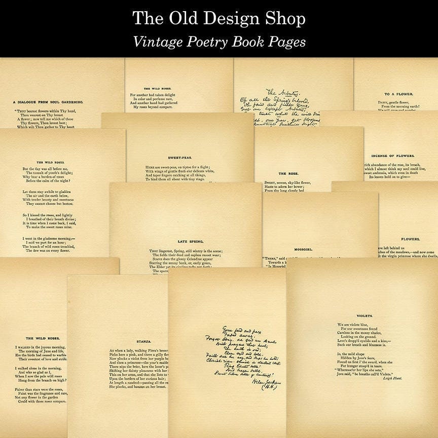 Flower Poems Poetry Vintage Yellow Aged Printable Book Pages for Junk Journals Cardmaking Supply Commercial Use Digital Download JPG Format