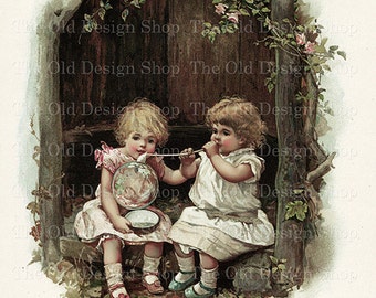 Victorian Girls Blowing Bubbles Vintage Storybook Illustration Commercial Use Digital Download Printable JPG Image