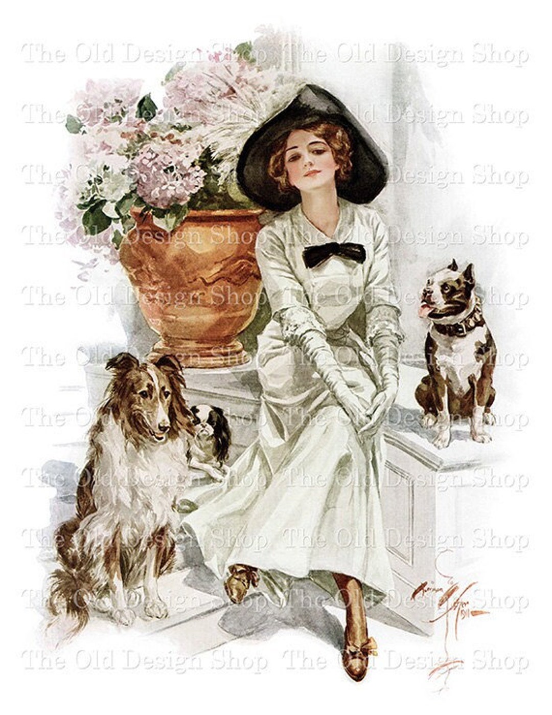 ハリソン・フィッシャー作「エドワード朝時代の女性と3匹の犬