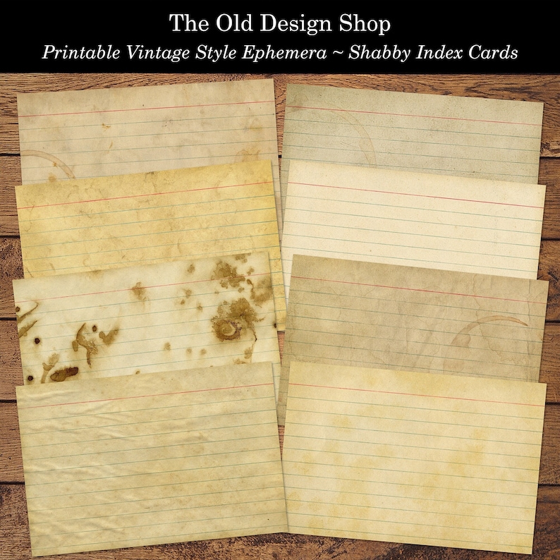 Printable Index Cards Clip Art Shabby Grunge Recipe Cards Vintage Style 4” x 6” Journal Cards Digital Download image 1
