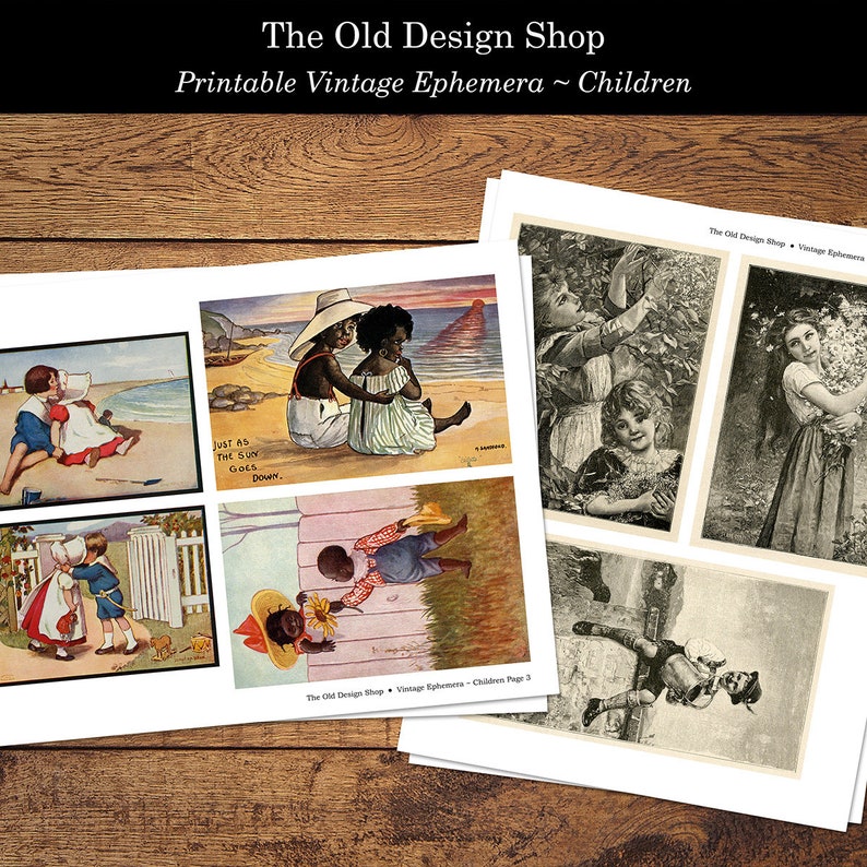 May include: A set of printable vintage ephemera featuring children. The images include a black and white illustration of two children picking flowers, a black and white illustration of a girl holding flowers, a color illustration of two children on a beach, a color illustration of two children walking down a path, and a black and white illustration of a child climbing a rock.