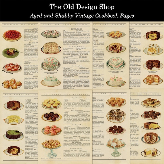 Vintage Aged and Shabby 8 Cookbook Pages Baking Illustrations and Recipes Kitchen Graphics Commercial Use Digital Download JPG Format