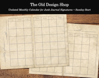 Undated Monthly Planner Junk Journal Calendar Signature Pages Sunday and Monday Start Digital Download