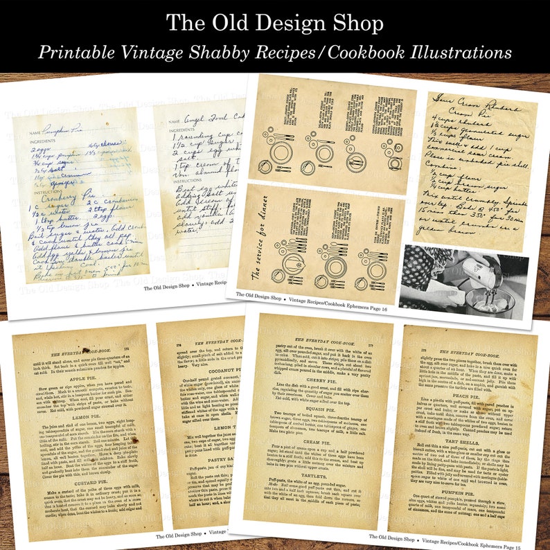 Printable Shabby Aged Old Recipes and Cookbook Illustrations Vintage Cooking Baking Ephemera Digital Collage Sheets