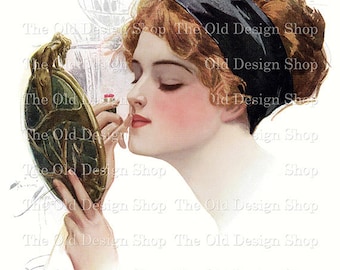 Harrison Fisher Victorian Lady Applying Lipstick Vintage Lady Graphics for Cardmaking Junk Journals Commercial Use Digital Download JPG File