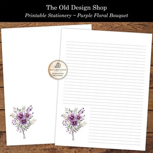 Papelería para escribir cartas imprimible con flores moradas, ramo floral morado de acuarela, papelería imprimible con letras de EE. UU. para cartas escritas a mano.