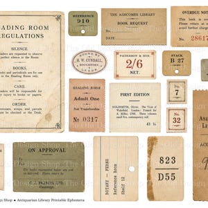 May include: A collection of vintage-style paper ephemera featuring library-themed items including a Reading Room Regulations sign, overdue notices, book request slips, admission tickets, and various numbered inventory tags in beige and olive tones.