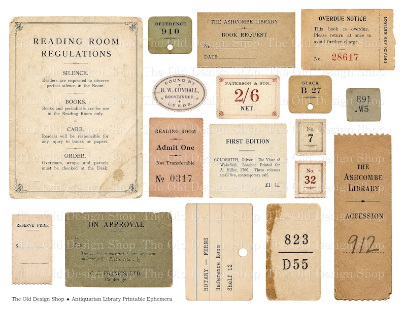 May include: A collection of vintage-style paper ephemera featuring library-themed items including a Reading Room Regulations sign, overdue notices, book request slips, admission tickets, and various numbered inventory tags in beige and olive tones.