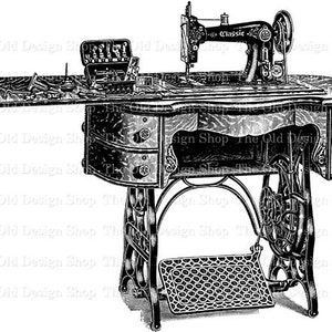 Puede incluir: Ilustración en blanco y negro de una máquina de coser vintage con una mesa abatible y cajones. La máquina está etiquetada como "Classic".