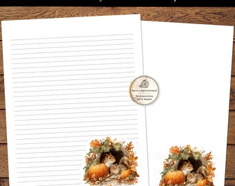 Autumn Chipmunk Printable Stationery Set Lined & Unlined Fall Writing Paper for Handwritten Letters Notepaper Digital Download