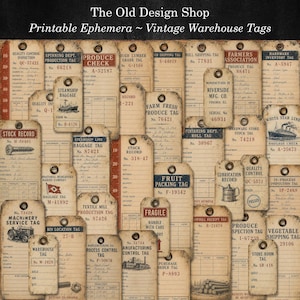 Puede incluir: Una colección de etiquetas de almacén de papel con estilo vintage que presentan varias inscripciones impresas como Quality Control, Produce Check y Steamship Baggage. Cada etiqueta tiene un orificio reforzado y números de serie únicos.
