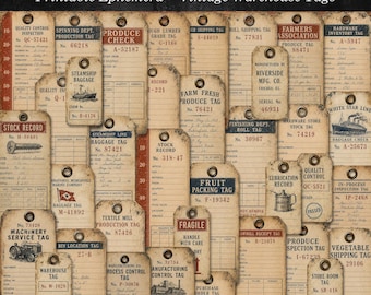 Vintage Warehouse Tags, Printable Ephemera, Junk Journal Kit, Industrial Tags, Digital Download