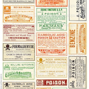 Material impreso vintage de farmacia, escaneado de etiquetas antiguas originales de medicamentos (Set 3a, Colores de Halloween). imagen 1