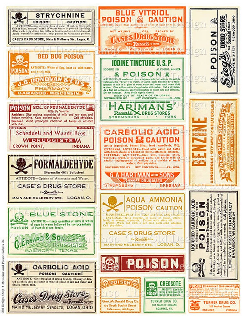 Material impreso vintage de farmacia, escaneado de etiquetas antiguas originales de medicamentos (Set 3a, Colores de Halloween). imagen 1