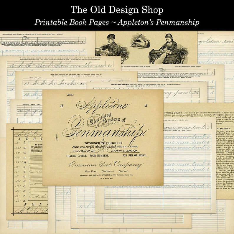 May include: Vintage printable book pages for penmanship practice. The pages feature a title page with the text "Appleton's Standard System of Penmanship" and a variety of lined pages for practicing cursive writing.