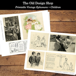 May include: A set of printable vintage ephemera featuring illustrations of children. The images include children playing, working, and enjoying the outdoors. The ephemera is perfect for scrapbooking, card making, and other craft projects.