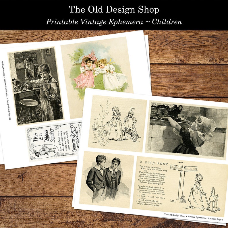 May include: A set of printable vintage ephemera featuring illustrations of children. The images include children playing, working, and enjoying the outdoors. The ephemera is perfect for scrapbooking, card making, and other craft projects.