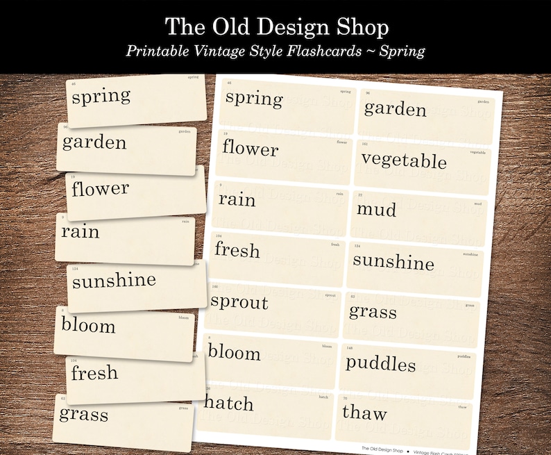 Puede incluir: Un conjunto de tarjetas de memoria imprimibles de estilo vintage con palabras de tem&aacute;tica primaveral, como "primavera", "jard&iacute;n", "flor", "lluvia", "sol", "floraci&oacute;n", "fresco", "hierba", "brotar", "eclosionar", "vegetal", "barro", "charcos" y "deshielo".